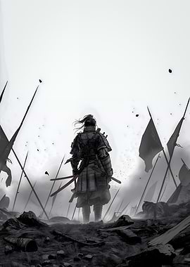 Samurai Warrior in Monochrome Landscape