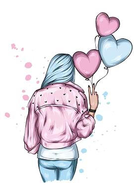 Girl with Heart Balloons Illustration