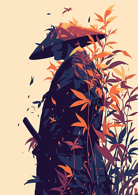 Samurai in Autumn Leaves Japanese Minimalist Art Illustration