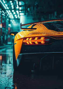 Orange Lamborghini in Rainy Cityscape