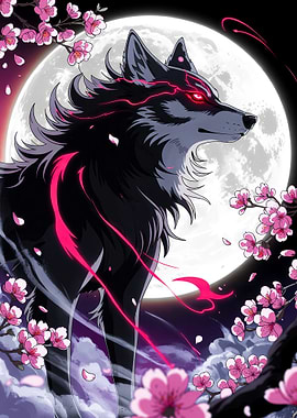 Crimson Moon Howl – Ethereal Wolf Amidst Sakura Storm