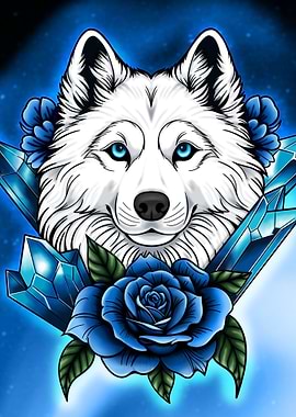 White Wolf with Blue Flowers and Crystals