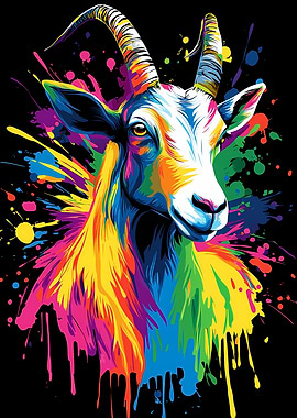 Colorful Goat Portrait on Black Background