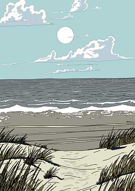 Beach scene with sun and clouds