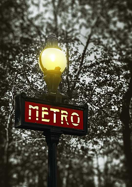 Paris Metro Sign with Glowing Light