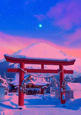 Mount Fuji and Torii Gate in Winter