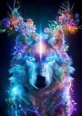 Mystical Wolf with Floral Antlers