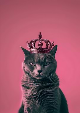 Cat with Crown on Pink Background