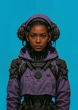 Cyberpunk Girl Portrait on Blue Background