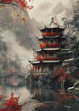 Asian Pagoda Winter Landscape