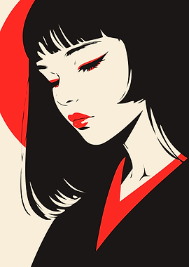 Japanese Woman with Red Accents Kimono Minimalist Art Illustration