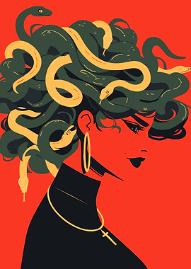 Woman with Snakes Portrait Minimalist Art Illustration