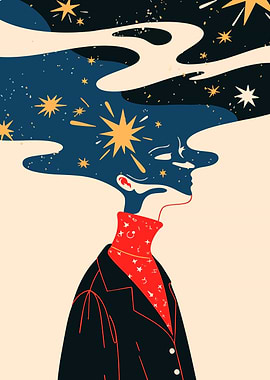Starry Head Mind Space Surreal Minimalist Art Illustration