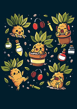 Cartoon Mandrakes with Potions and Headphones