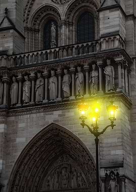 Notre Dame Cathedral Facade with Streetlight