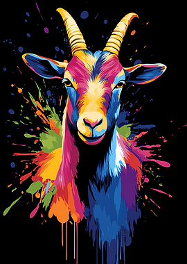 Colorful Goat Portrait on Black Background