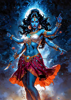 Blue-skinned Goddess Kali with Multiple Arms