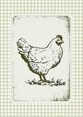 Vintage Chicken Illustration on Gingham Background