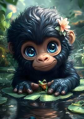 Cute Monkey with Frog on Lilypad