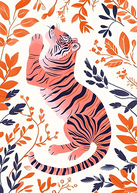 Stylized Tiger with Floral Surroundings