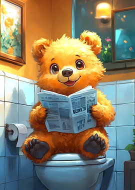 Bear Reading Newspaper on Toilet