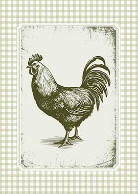 Vintage Rooster Illustration on Gingham Background