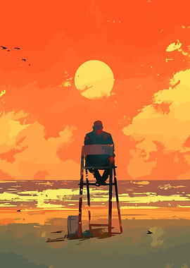 Man Sees Beach Sunset on Tall Tree Minimalist Art Illustration