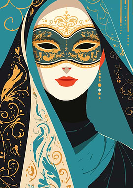 Venetian Masked Woman Minimalist Art Illustration Portrait