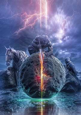 Fantasy Warrior with Sword and Animals