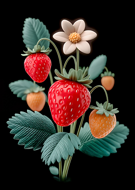 Strawberry plant with flower and fruits