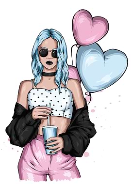 Stylish Woman with Balloons and Drink