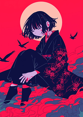 Kimono Girl with Crows and Moon