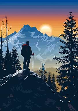 Hiker on Mountain Peak at Sunset