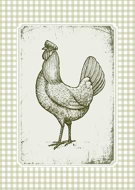 Vintage Rooster Illustration on Gingham Background