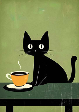 Black Cat and Coffee Cup Illustration