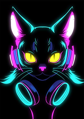 Neon Cat with Headphones