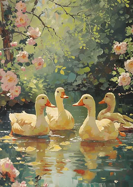 Ducks in Pond with Roses Painting