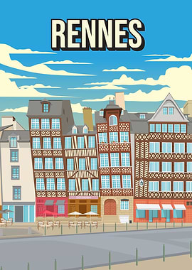 Rennes France Vintage Travel Poster Brittany Half-Timbered Houses