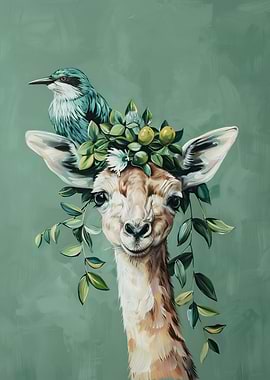 Giraffe with Bird and Floral Crown