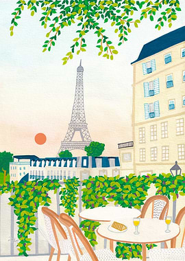 Paris Cafe, Eiffel Tower View, Paris Print