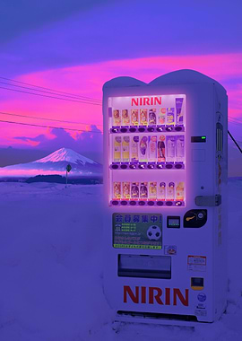 Japanese Vending Machine in Snowy Landscape