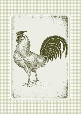 Vintage Rooster Illustration on Gingham Background