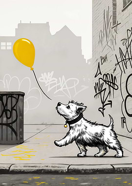Dog with Yellow Balloon in Cityscape