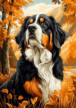 Bernese Mountain Dog in Autumn Landscape