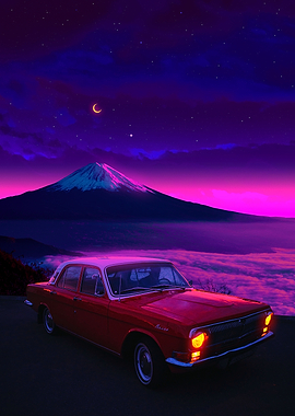 Retro Car with Mount Fuji