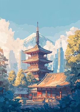 Japanese Temple with Mount Fuji Backdrop