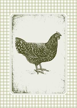Vintage Chicken Illustration on Gingham Background