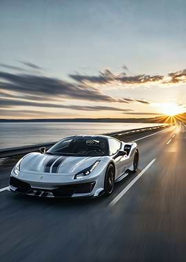 Silver Ferrari on Coastal Road at Sunset