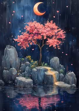 Cherry Blossom Tree Under Crescent Moon
