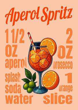 Aperol Spritz Cocktail Art Print – Classic Italian Aperitivo Recipe Wall Decor for Bar, Kitchen, or Lounge